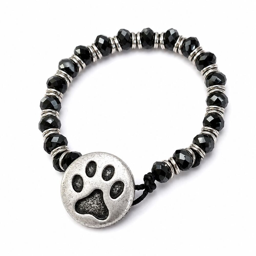 VTG Style Silver Tone Metal Black Faceted Beaded Dog Paw Print Charm Bracelet 7"